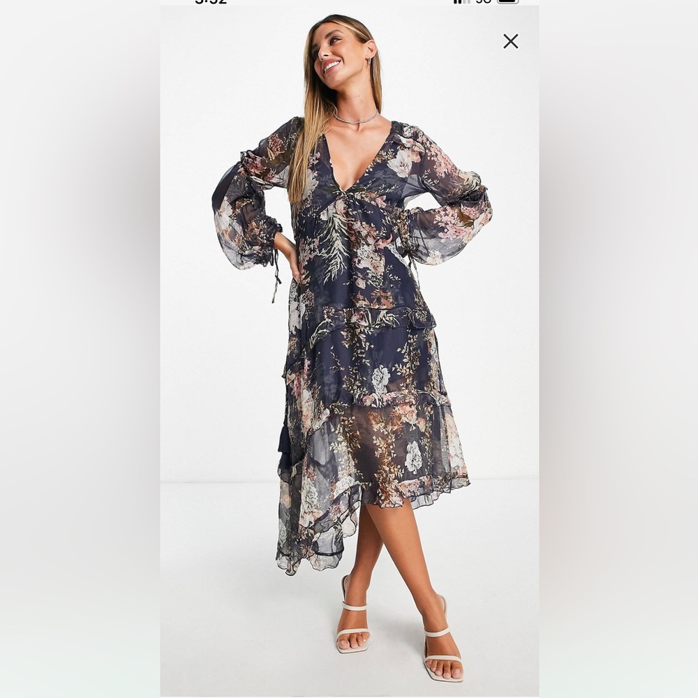 ASOS DESIGN pleated layered tiered midi dress in navy floral with lace trim